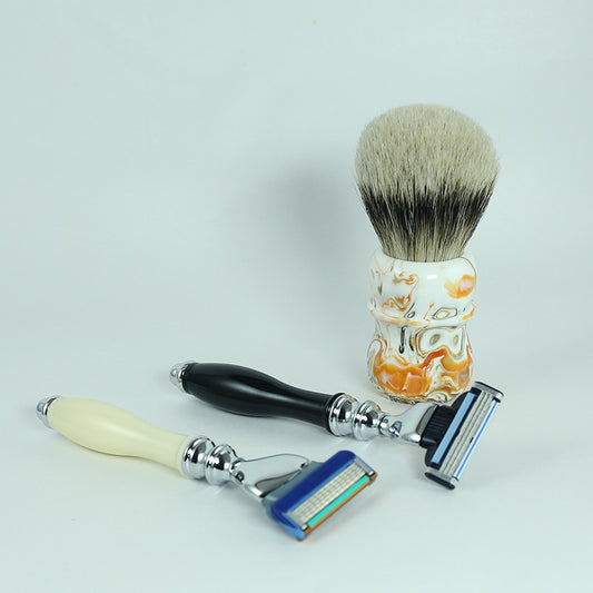 Men shaving brush and set of 3 blades for shaving